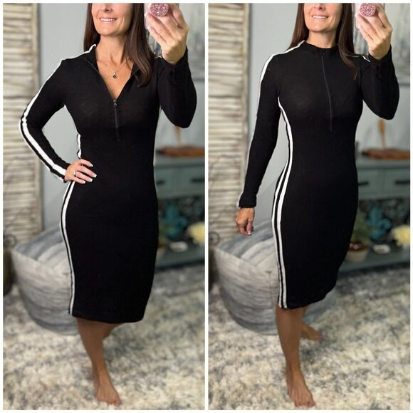 Dresses & Skirts - Sporty Athletic Hacci Lightweight Varsity Sweater Contrast Dress Black 0623